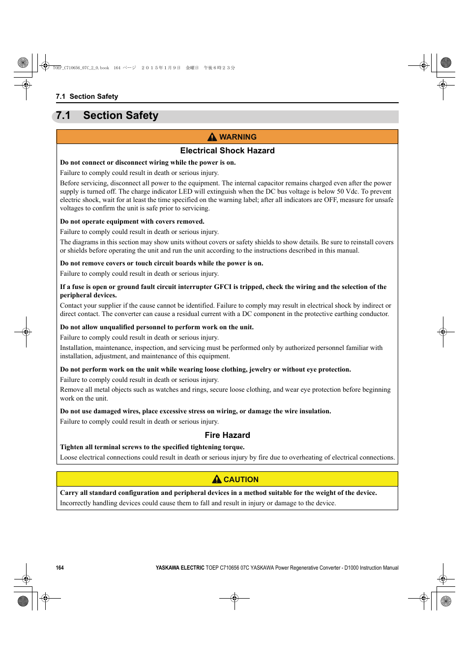 1 section safety, Section safety | Yaskawa D1000 Series Power Regenerative Converter User Manual | Page 164 / 259
