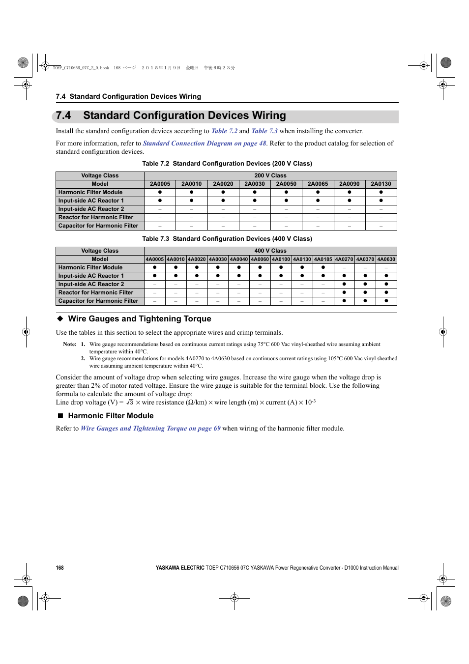 4 standard configuration devices wiring, Wire gauges and tightening torque, Standard configuration devices wiring | Harmonic filter module | Yaskawa D1000 Series Power Regenerative Converter User Manual | Page 168 / 259