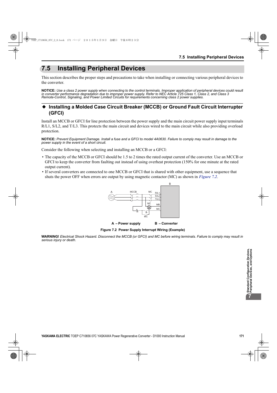 5 installing peripheral devices, Installing peripheral devices | Yaskawa D1000 Series Power Regenerative Converter User Manual | Page 171 / 259