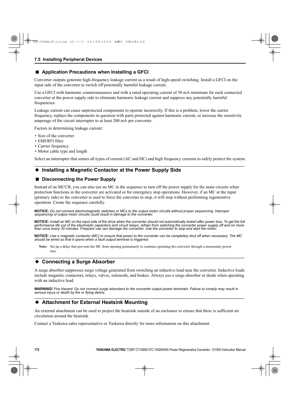 Connecting a surge absorber, Attachment for external heatsink mounting | Yaskawa D1000 Series Power Regenerative Converter User Manual | Page 172 / 259