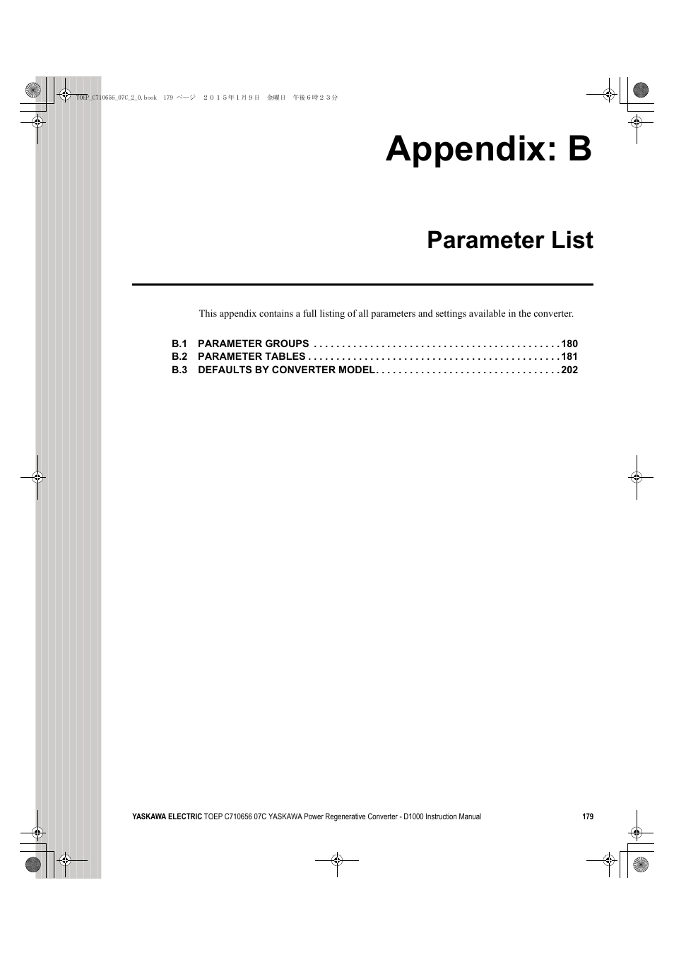 Appendix: b parameter list, Appendix: b, Parameter list | Yaskawa D1000 Series Power Regenerative Converter User Manual | Page 179 / 259