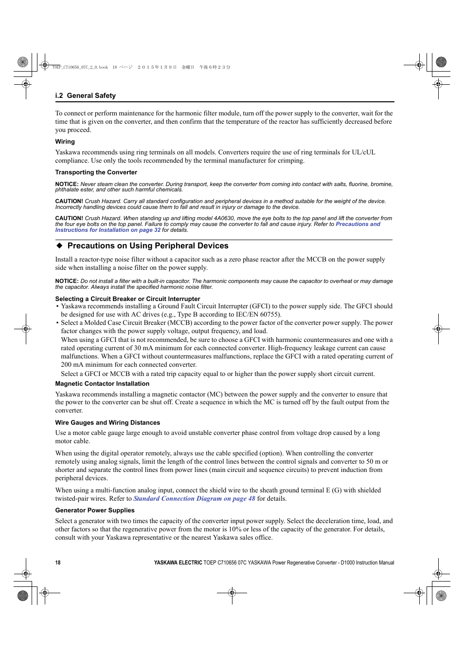 Precautions on using peripheral devices | Yaskawa D1000 Series Power Regenerative Converter User Manual | Page 18 / 259