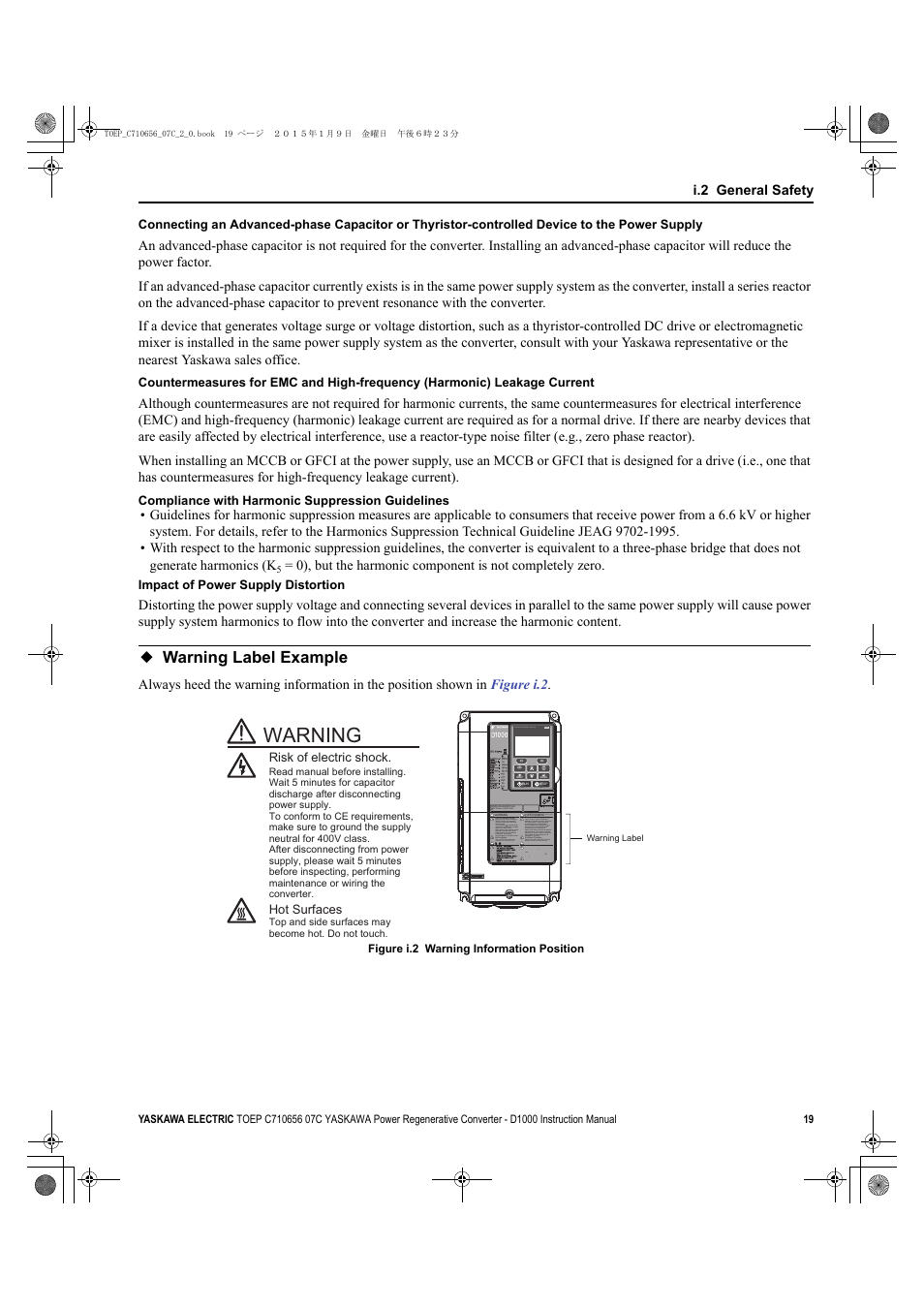 Warning label example, Warning | Yaskawa D1000 Series Power Regenerative Converter User Manual | Page 19 / 259