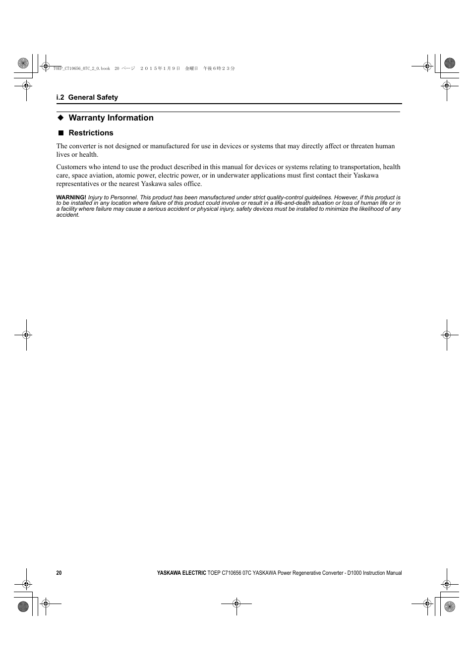 Warranty information | Yaskawa D1000 Series Power Regenerative Converter User Manual | Page 20 / 259