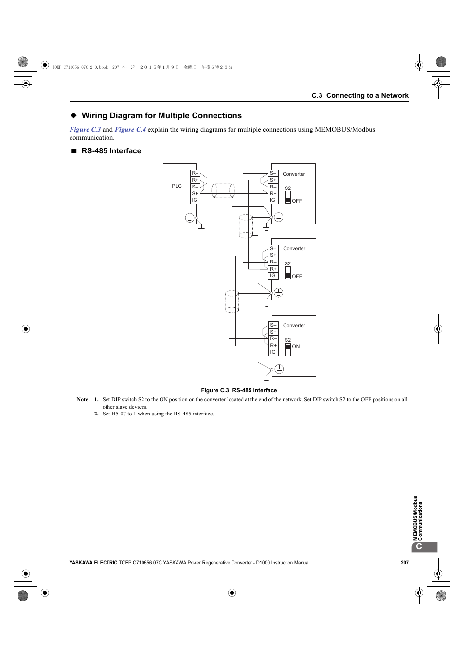 Wiring diagram for multiple connections, Rs-485 interface, D1000 | Yaskawa D1000 Series Power Regenerative Converter User Manual | Page 207 / 259