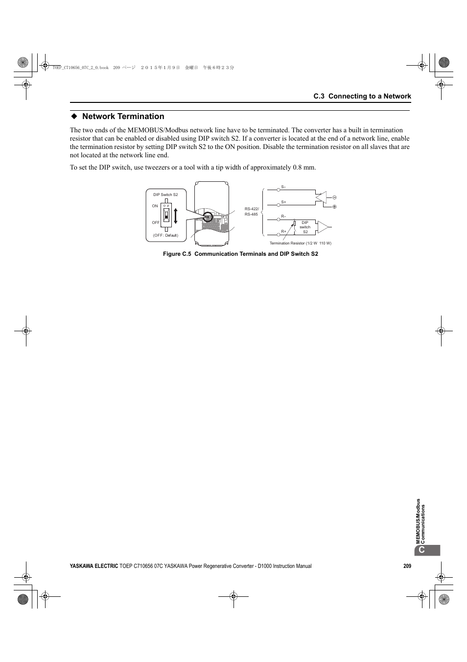 Network termination, C.3 connecting to a network | Yaskawa D1000 Series Power Regenerative Converter User Manual | Page 209 / 259