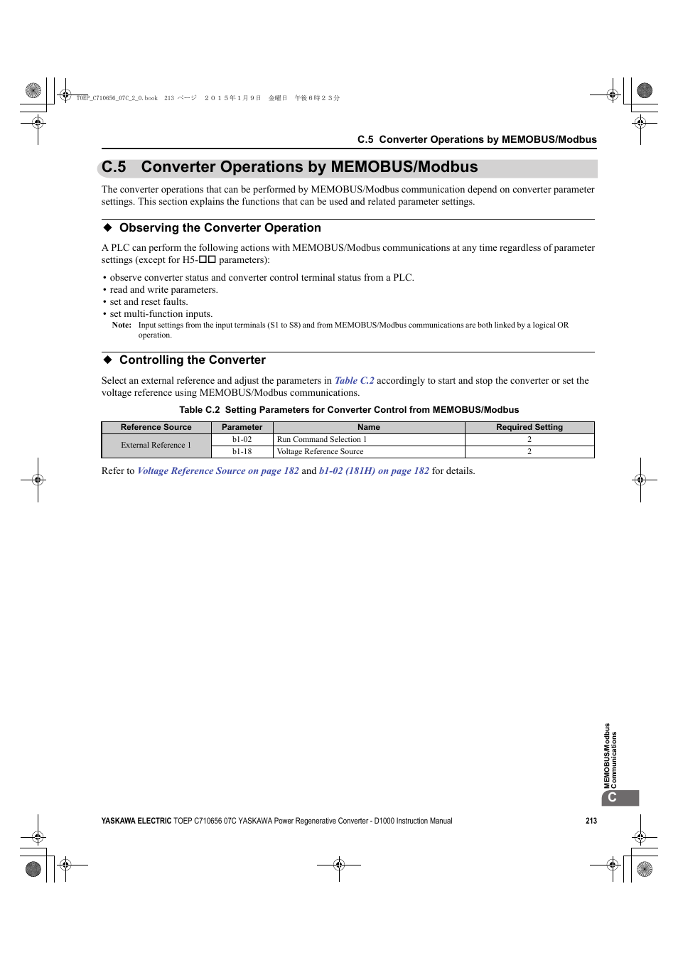 C.5 converter operations by memobus/modbus, Observing the converter operation, Controlling the converter | Yaskawa D1000 Series Power Regenerative Converter User Manual | Page 213 / 259