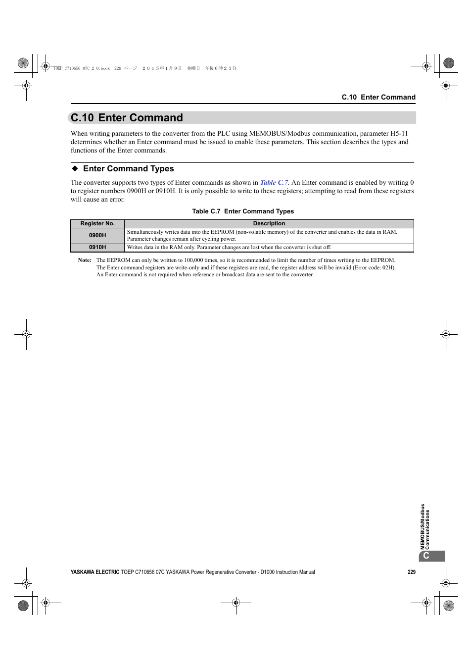 C.10 enter command, Enter command types | Yaskawa D1000 Series Power Regenerative Converter User Manual | Page 229 / 259