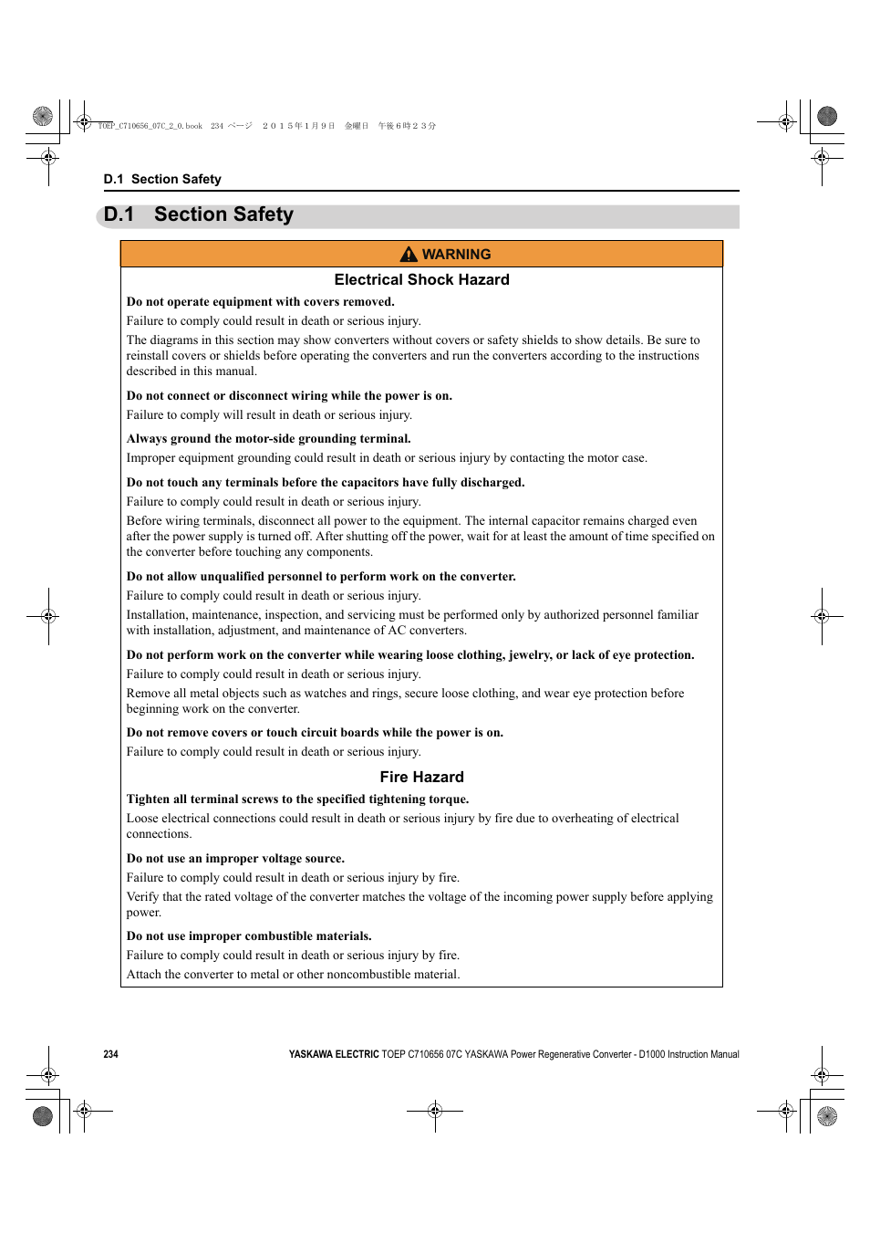 D.1 section safety | Yaskawa D1000 Series Power Regenerative Converter User Manual | Page 234 / 259