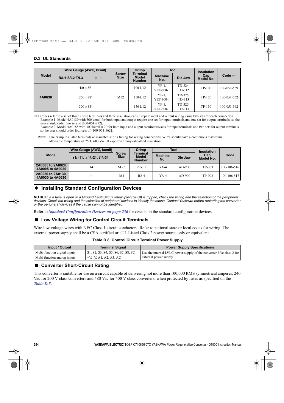 Installing standard configuration devices, Low voltage wiring for control circuit terminals, Converter short-circuit rating | Yaskawa D1000 Series Power Regenerative Converter User Manual | Page 254 / 259