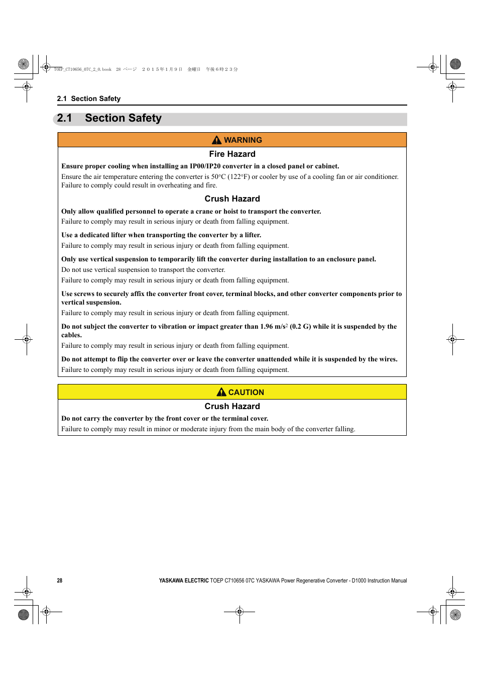 1 section safety, Section safety | Yaskawa D1000 Series Power Regenerative Converter User Manual | Page 28 / 259