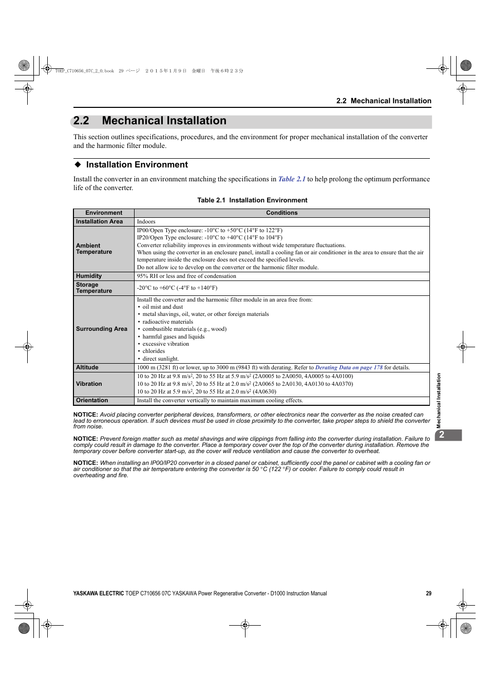2 mechanical installation, Installation environment, Mechanical installation | Yaskawa D1000 Series Power Regenerative Converter User Manual | Page 29 / 259