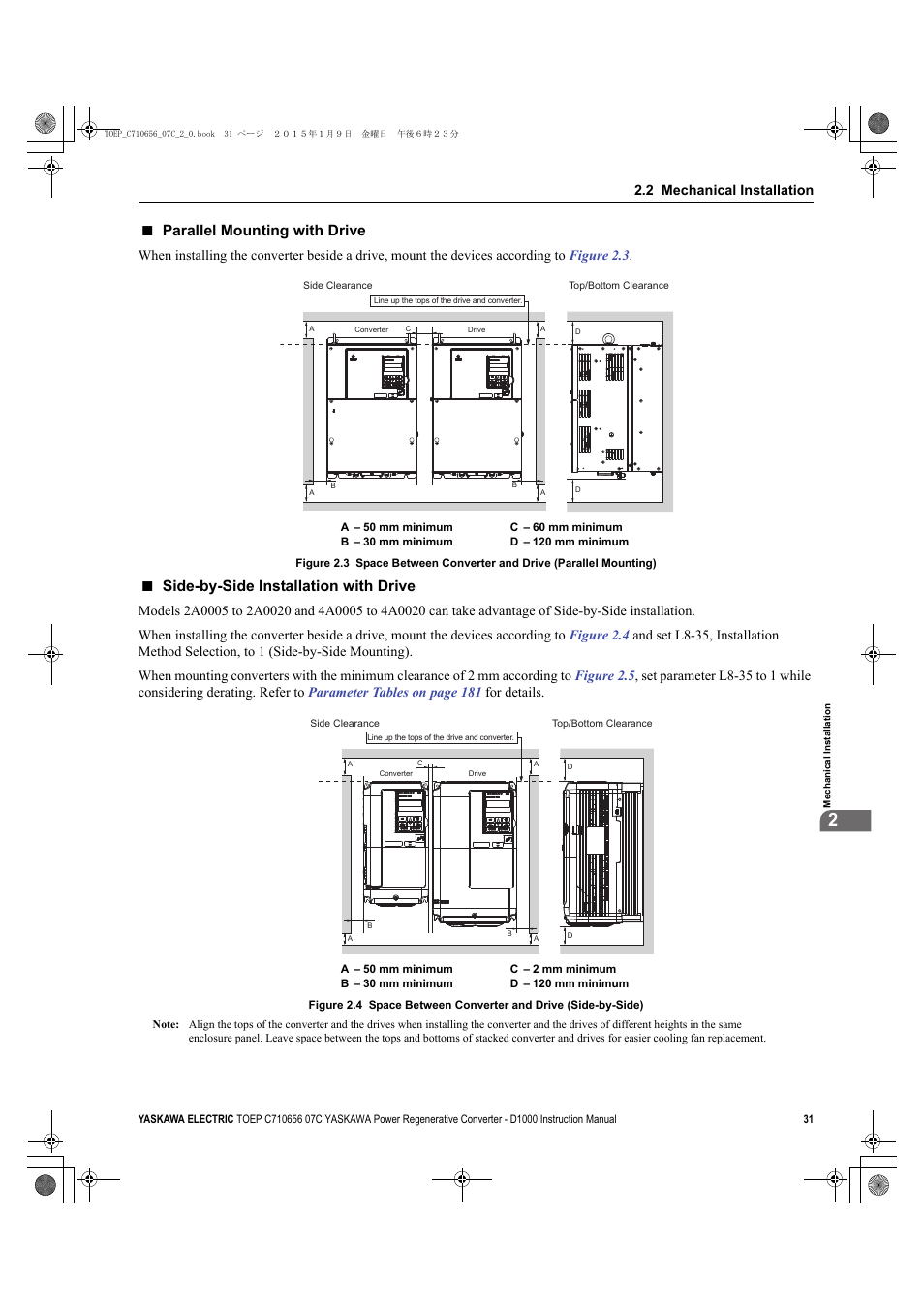 Parallel mounting with drive, Side-by-side installation with drive, 2 mechanical installation | Yaskawa D1000 Series Power Regenerative Converter User Manual | Page 31 / 259
