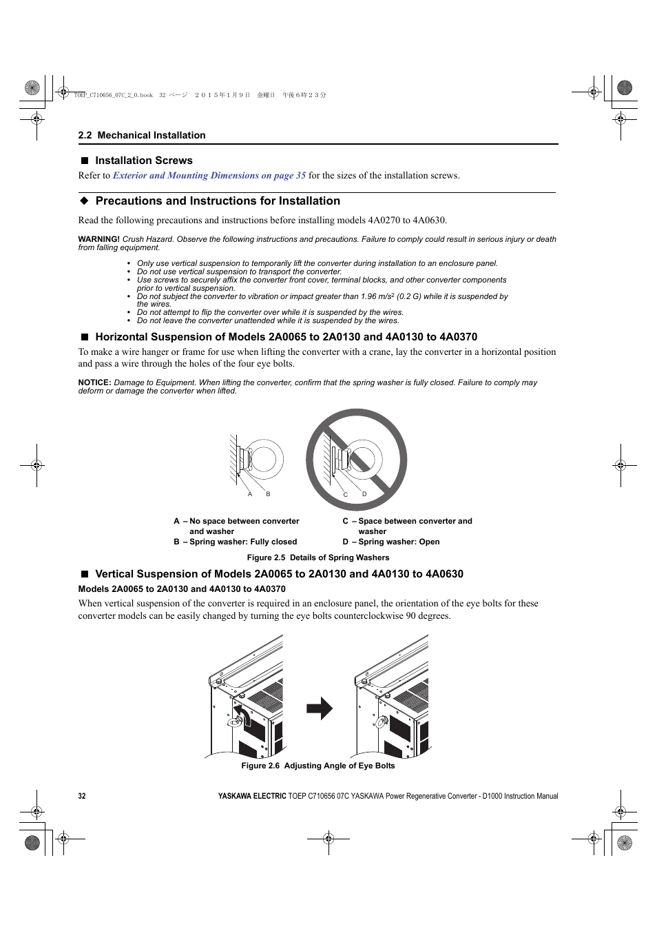 Precautions and instructions for installation, Precautions and, For det | Ording to, Figure 2.5, Set parameter, Installation screws | Yaskawa D1000 Series Power Regenerative Converter User Manual | Page 32 / 259