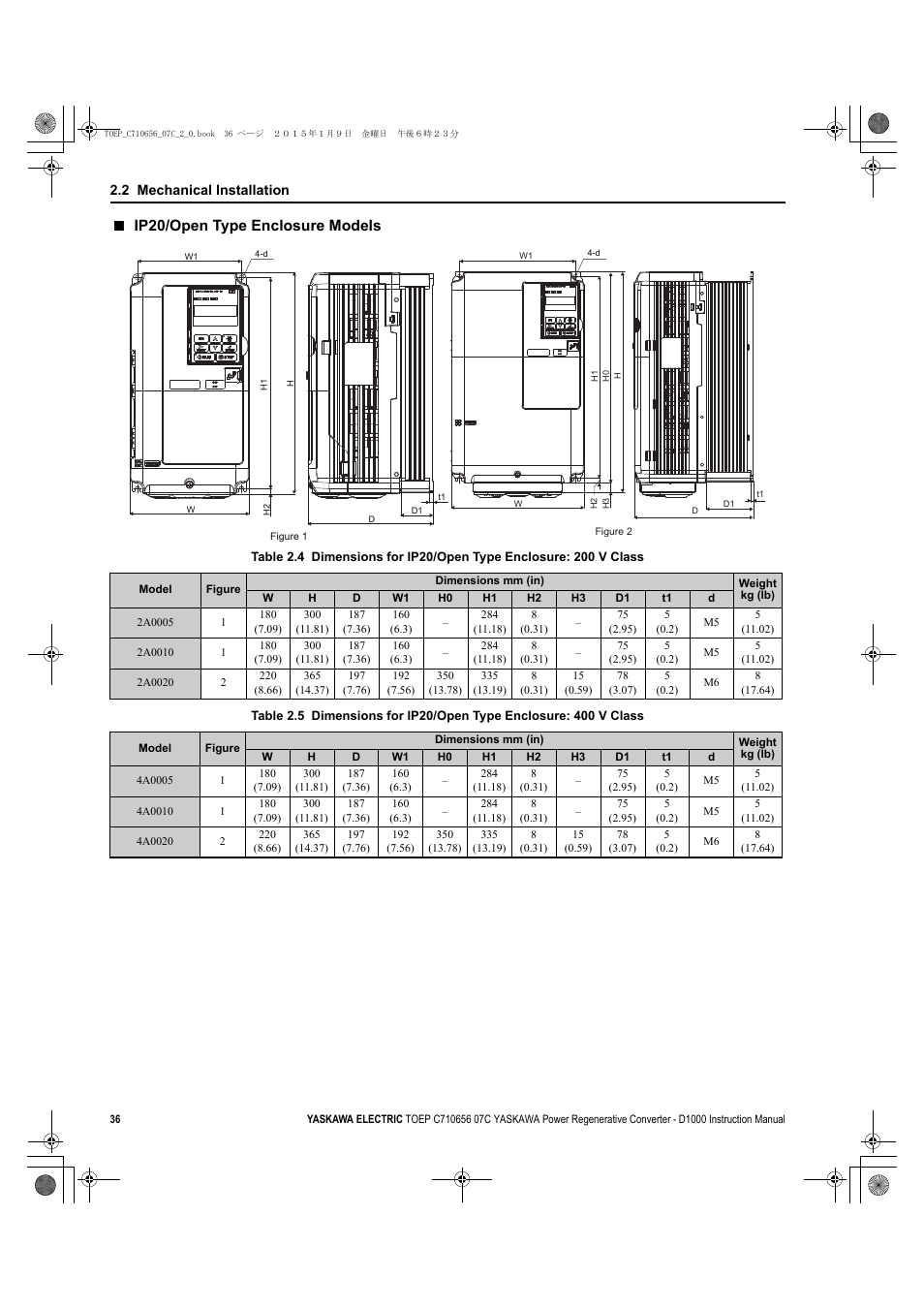 Ip20/open type enclosure models | Yaskawa D1000 Series Power Regenerative Converter User Manual | Page 36 / 259