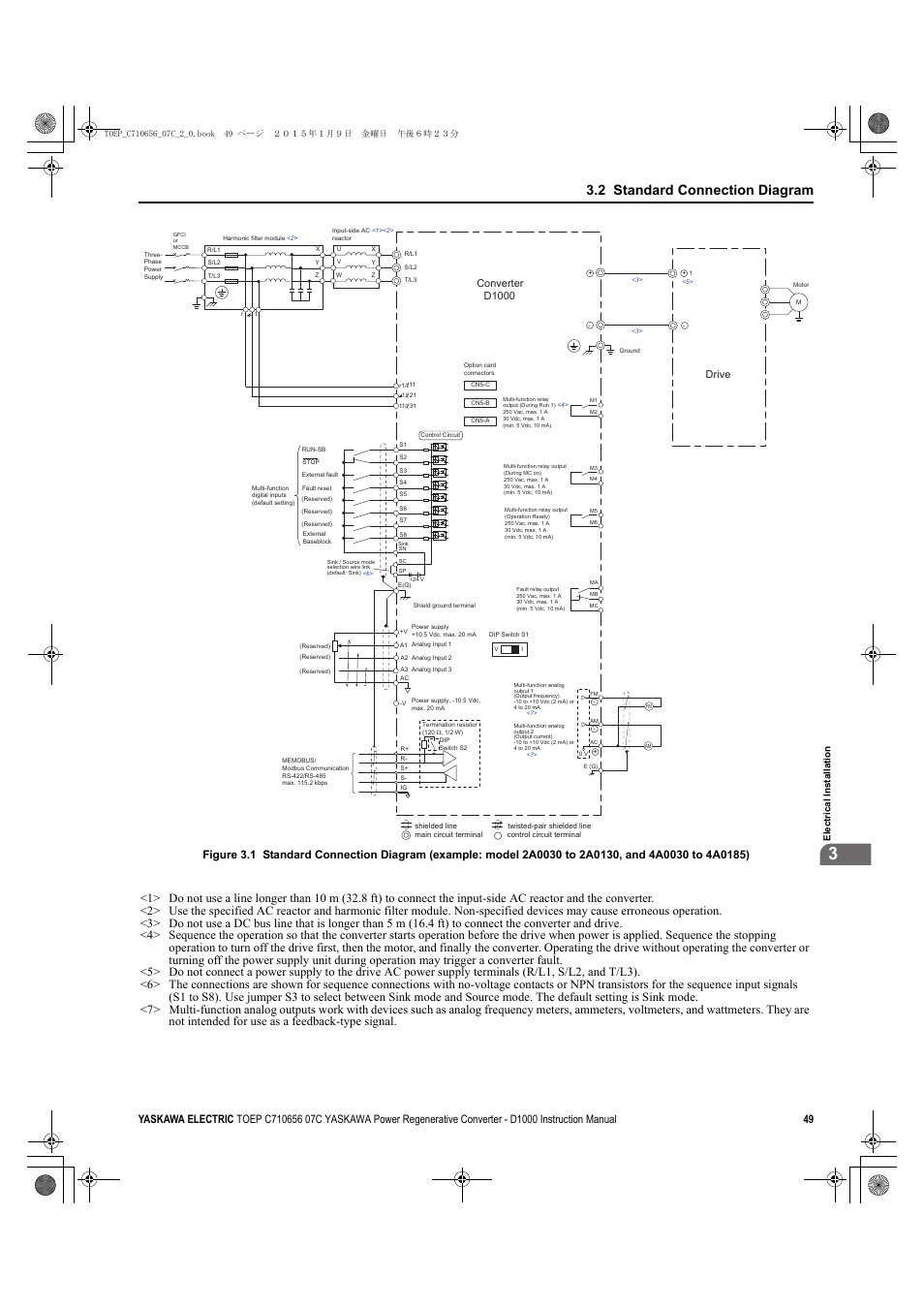 Figure 3.1, 2 standard connection diagram | Yaskawa D1000 Series Power Regenerative Converter User Manual | Page 49 / 259