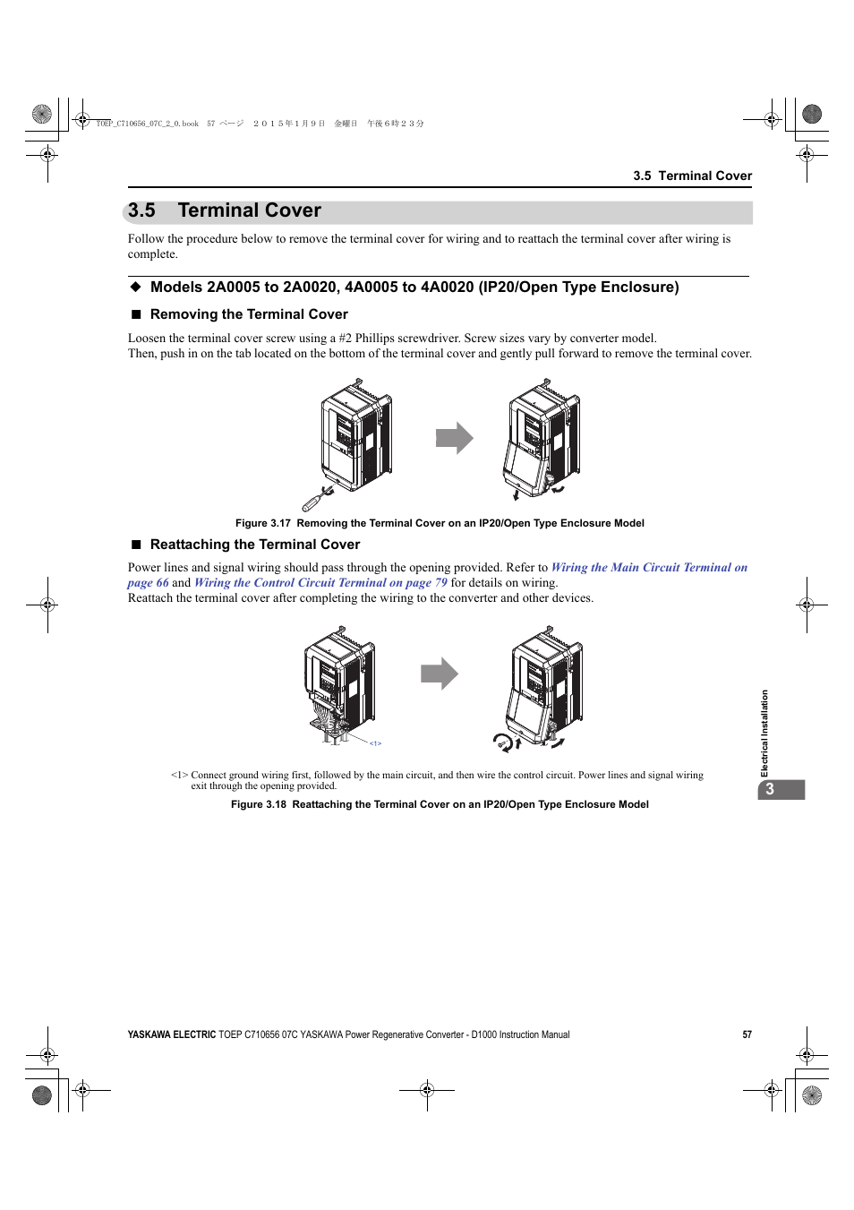 5 terminal cover, Terminal cover | Yaskawa D1000 Series Power Regenerative Converter User Manual | Page 57 / 259