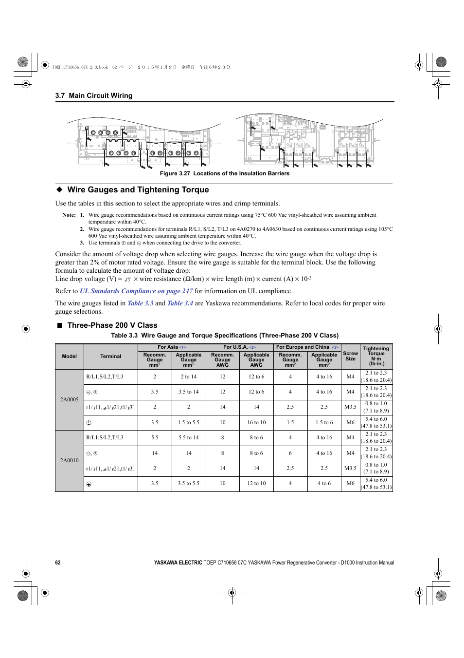 Wire gauges and tightening torque, Figure 3.27, Three-phase 200 v class | Yaskawa D1000 Series Power Regenerative Converter User Manual | Page 62 / 259