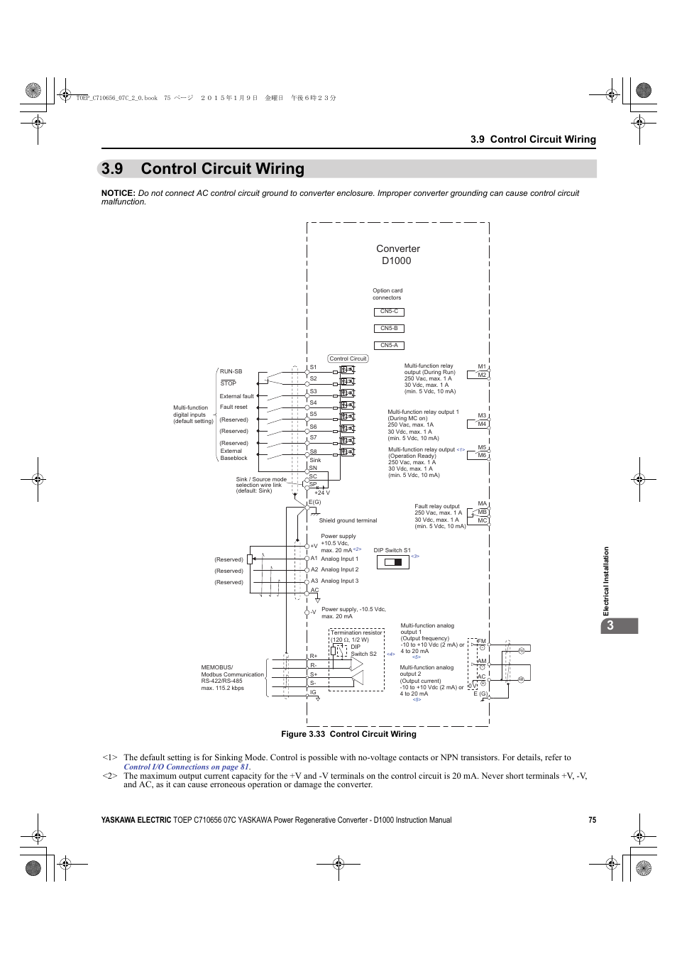 9 control circuit wiring, Control circuit wiring, D1000 | Converter | Yaskawa D1000 Series Power Regenerative Converter User Manual | Page 75 / 259