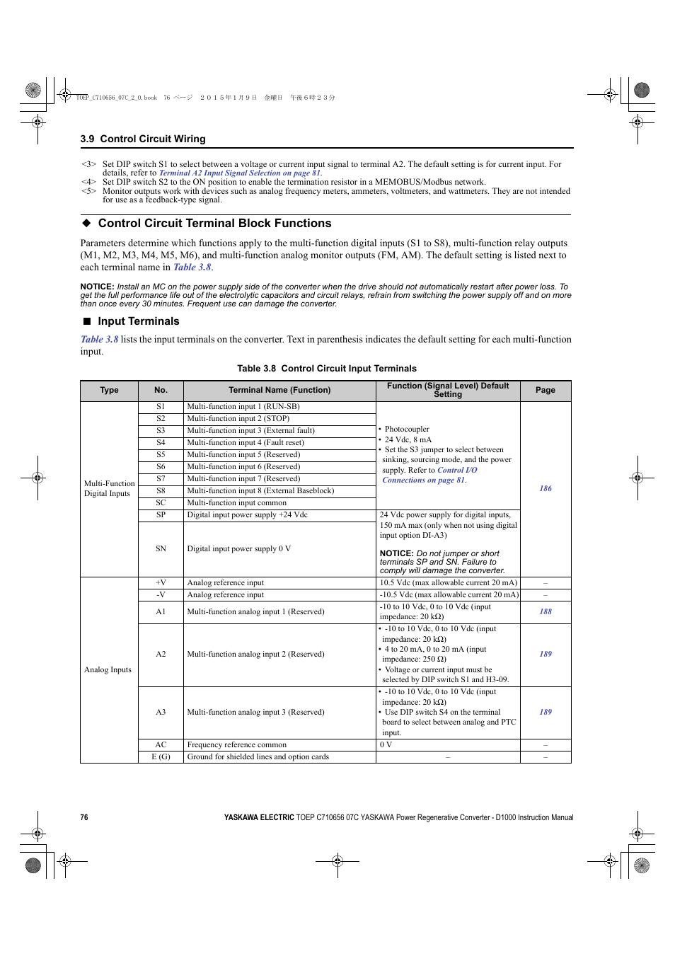 Control circuit terminal block functions, Input terminals | Yaskawa D1000 Series Power Regenerative Converter User Manual | Page 76 / 259
