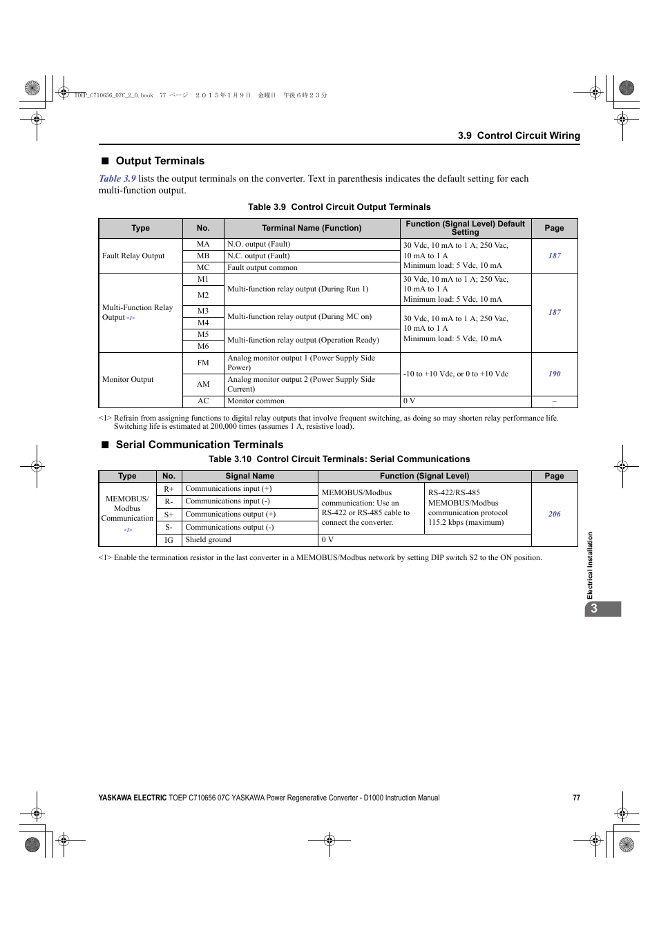 Output terminals, Serial communication terminals | Yaskawa D1000 Series Power Regenerative Converter User Manual | Page 77 / 259