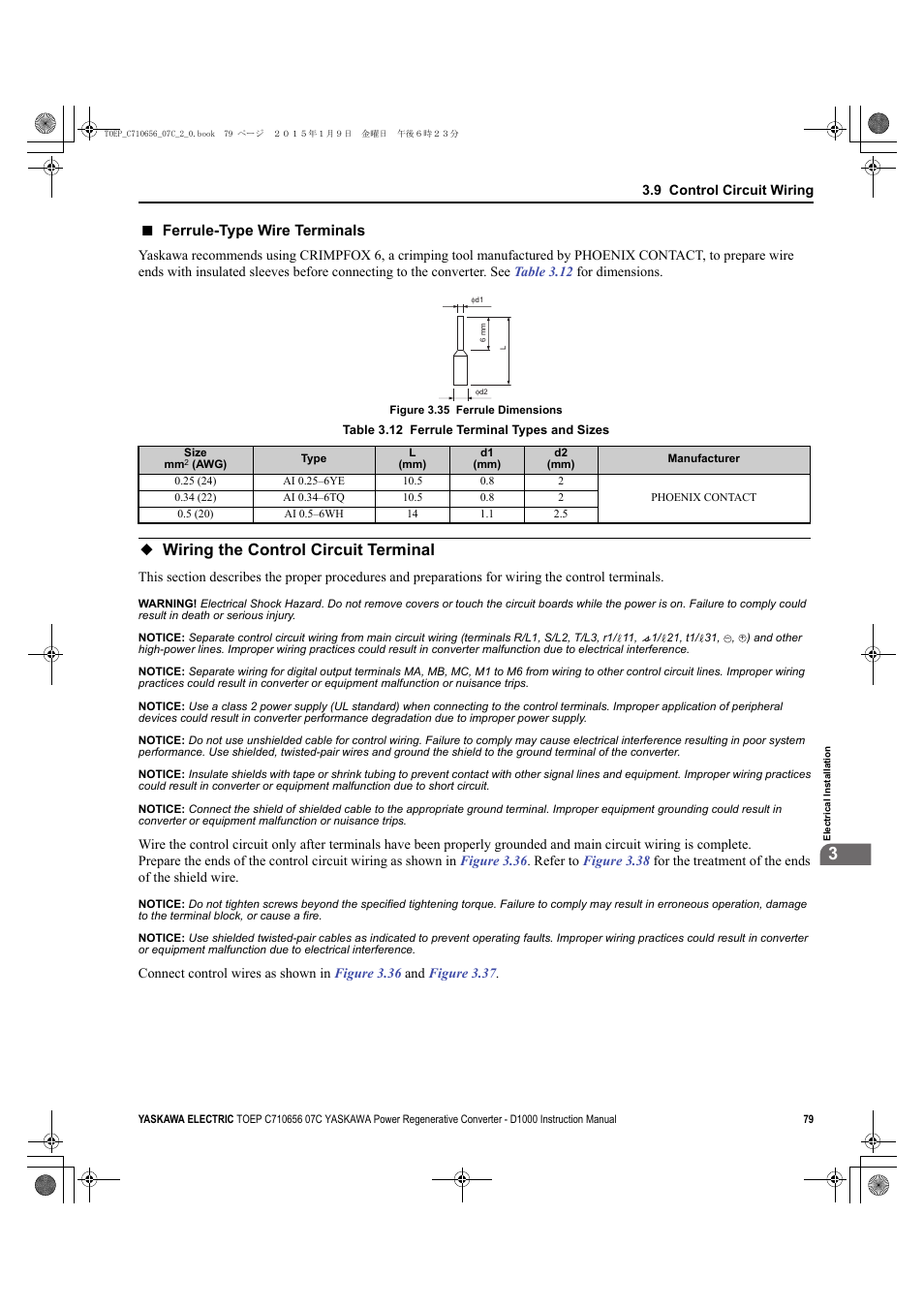 Wiring the control circuit terminal, For details on wiring, Table 3.12 | Ferrule-type wire terminals | Yaskawa D1000 Series Power Regenerative Converter User Manual | Page 79 / 259