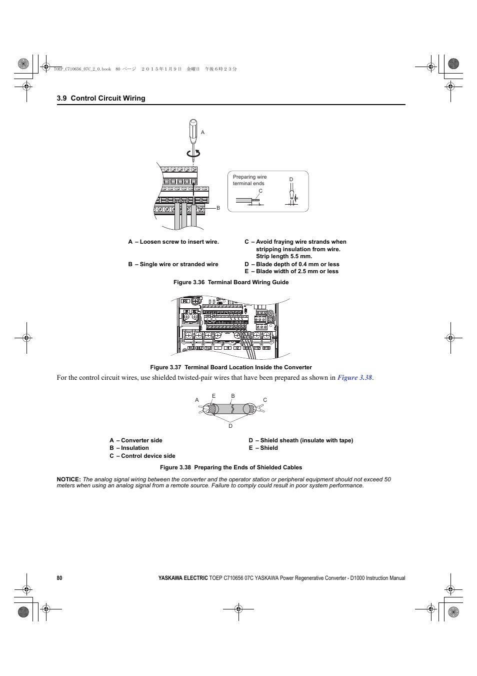 Figure 3.36, Figure 3.38, Figure 3.37 | 9 control circuit wiring | Yaskawa D1000 Series Power Regenerative Converter User Manual | Page 80 / 259