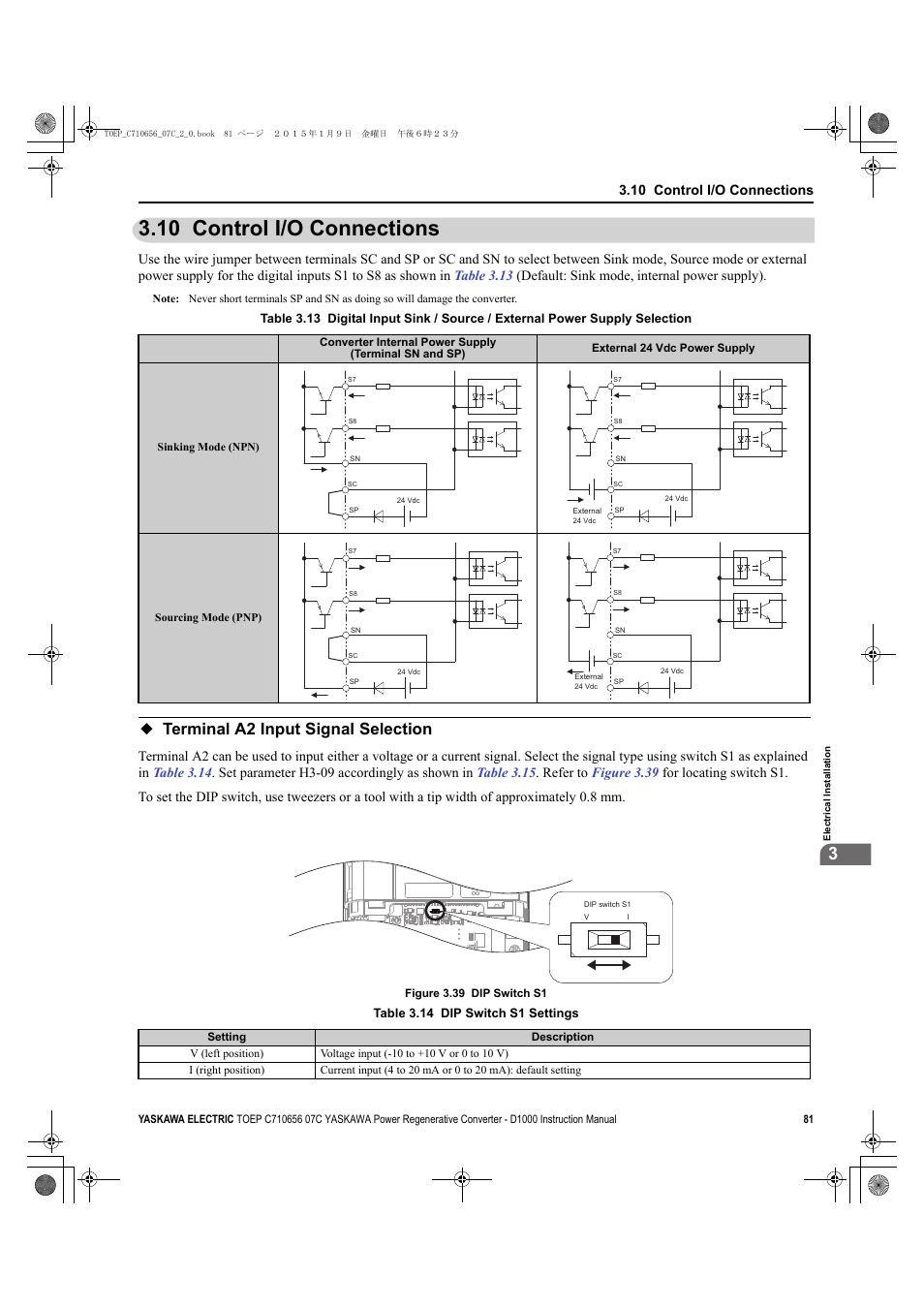 10 control i/o connections, Terminal a2 input signal selection, Refer to | Control i/o | Yaskawa D1000 Series Power Regenerative Converter User Manual | Page 81 / 259