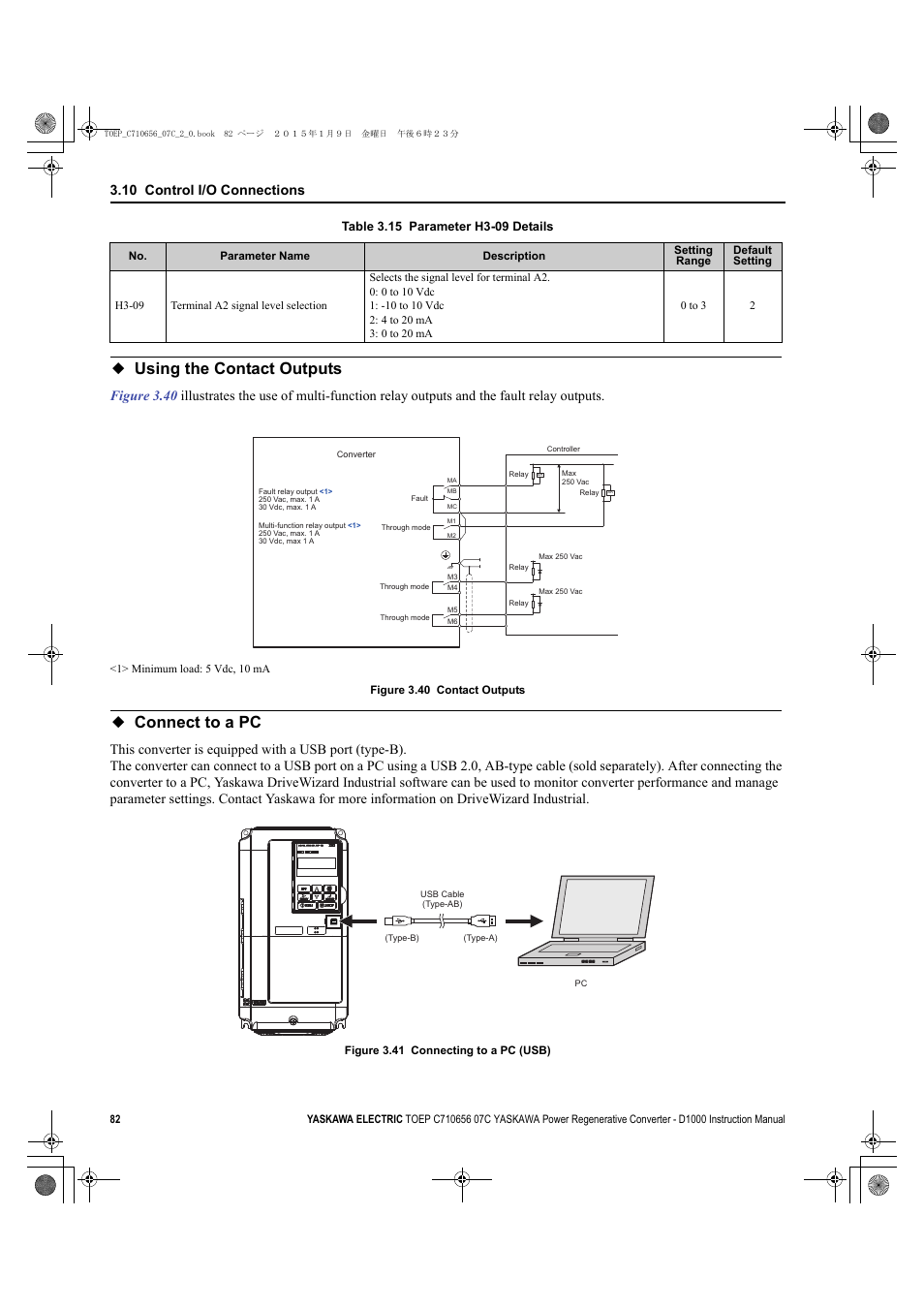 Using the contact outputs, Connect to a pc, Using the contact outputs connect to a pc | Table 3.15, 10 control i/o connections | Yaskawa D1000 Series Power Regenerative Converter User Manual | Page 82 / 259