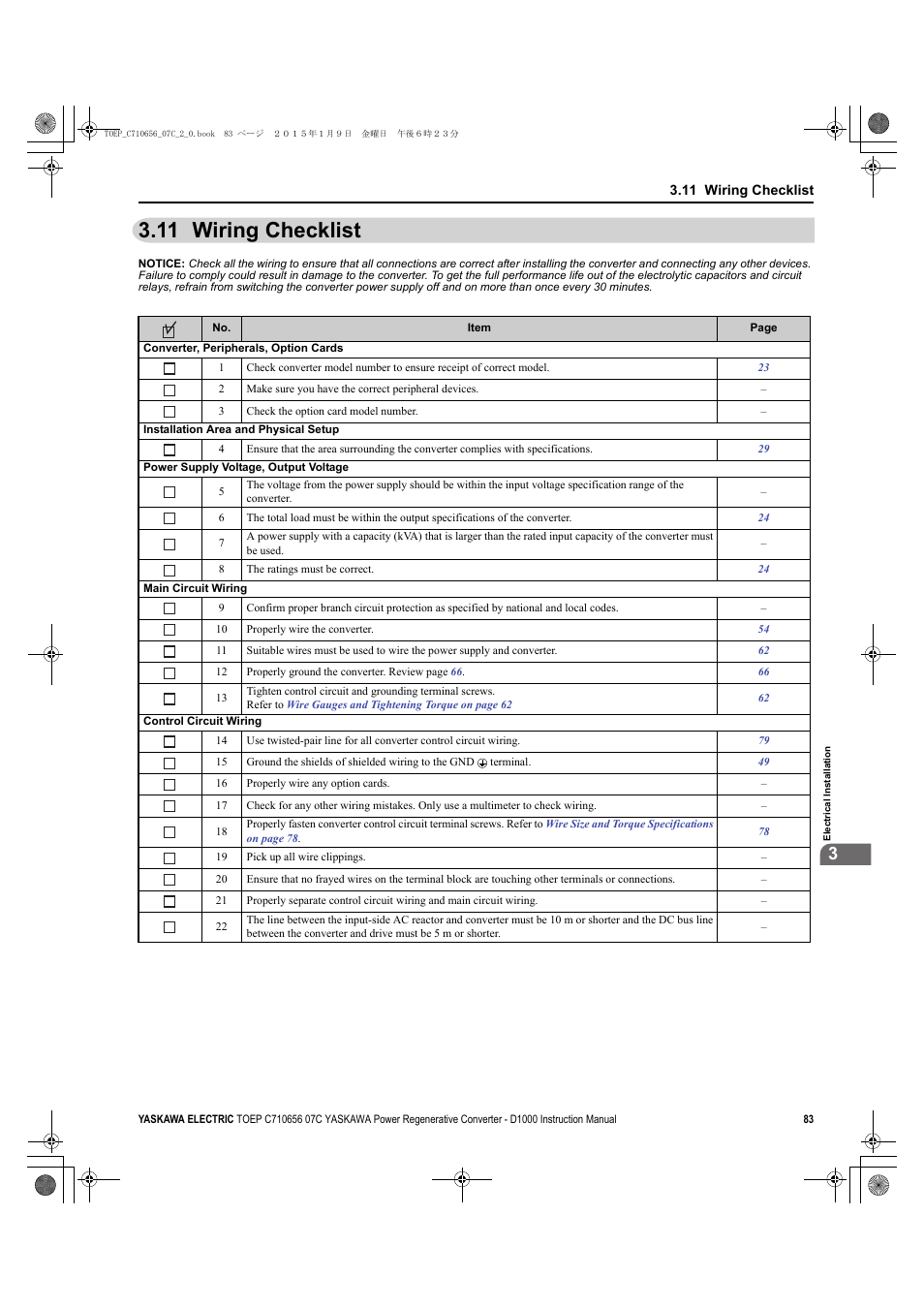 11 wiring checklist | Yaskawa D1000 Series Power Regenerative Converter User Manual | Page 83 / 259