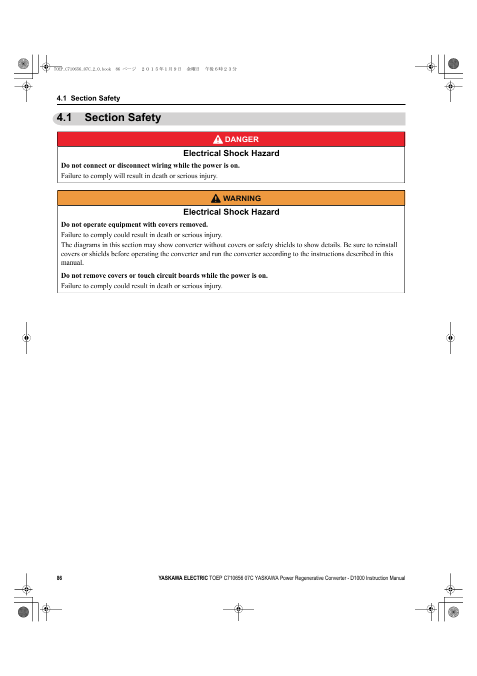 1 section safety, Section safety | Yaskawa D1000 Series Power Regenerative Converter User Manual | Page 86 / 259