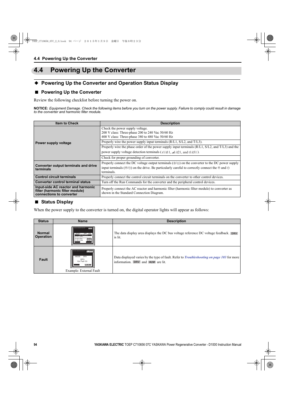 4 powering up the converter, Powering up the converter, Status display | Yaskawa D1000 Series Power Regenerative Converter User Manual | Page 94 / 259