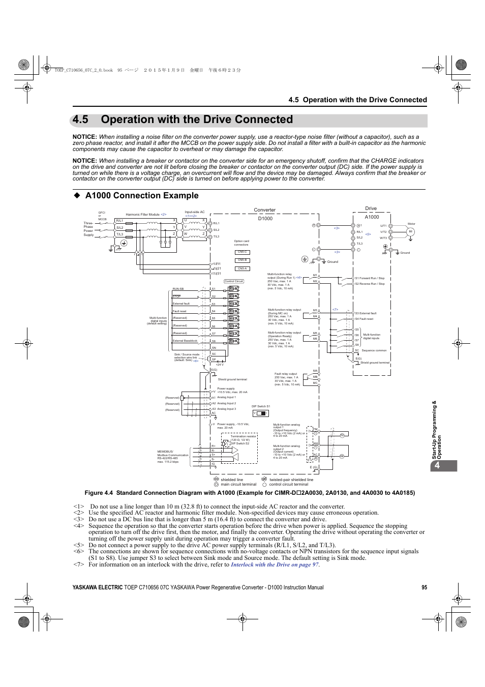 5 operation with the drive connected, A1000 connection example, Refer to | A1000, Operation with the drive connected, Interlock with the drive on page 97 | Yaskawa D1000 Series Power Regenerative Converter User Manual | Page 95 / 259