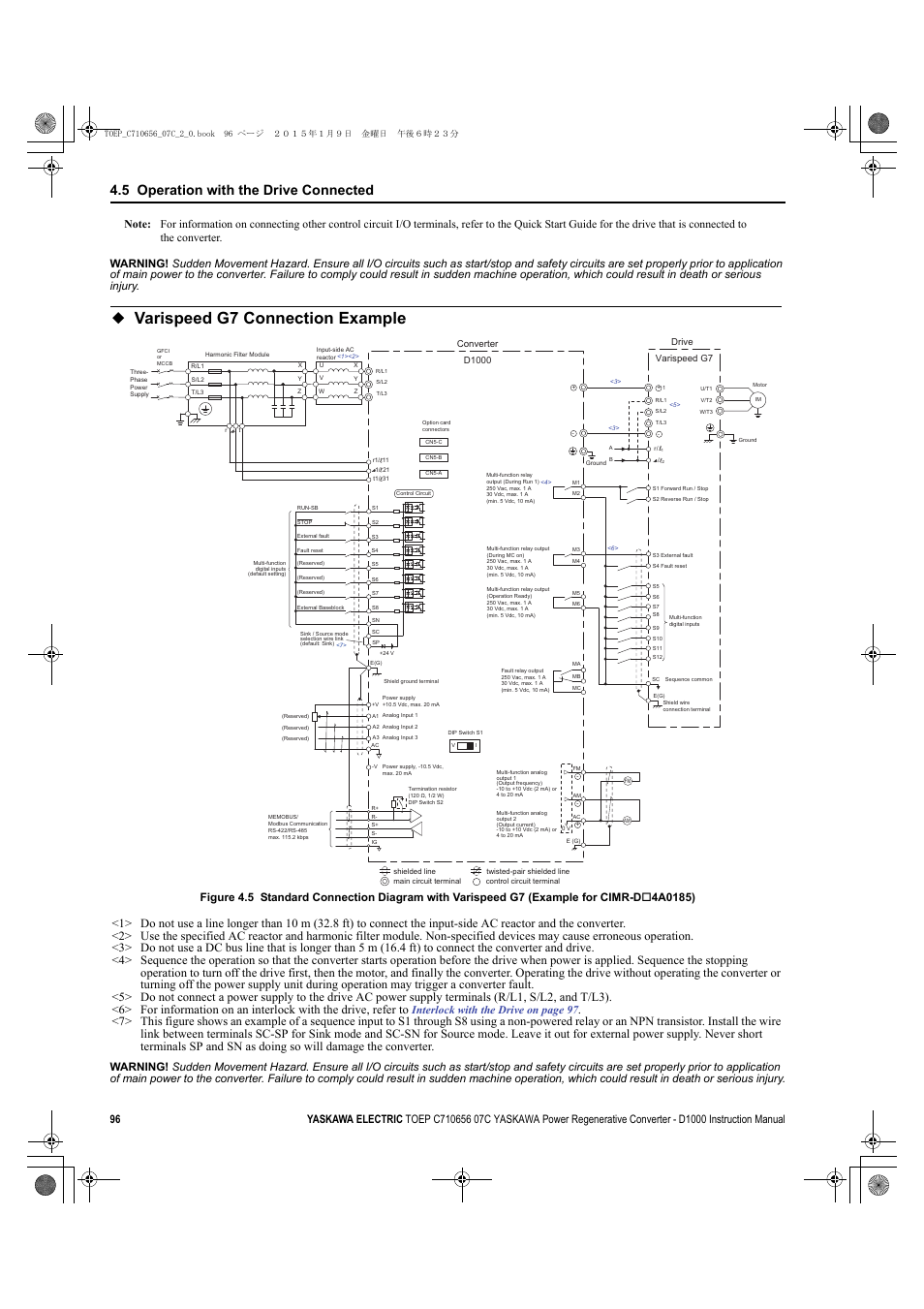 Varispeed g7 connection example, 5 operation with the drive connected, Interlock with the drive on page 97 | Yaskawa D1000 Series Power Regenerative Converter User Manual | Page 96 / 259