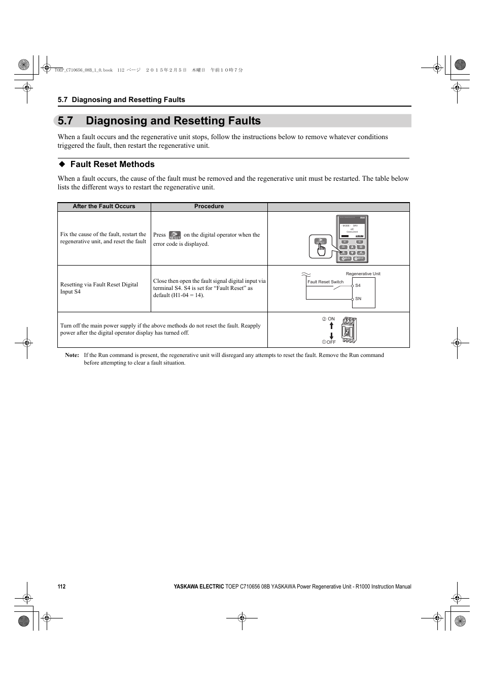 7 diagnosing and resetting faults, Fault reset methods, Diagnosing and resetting faults | Fault reset methods on, Refer to, R to | Yaskawa R1000 Series Power Regenerative Unit User Manual | Page 112 / 221