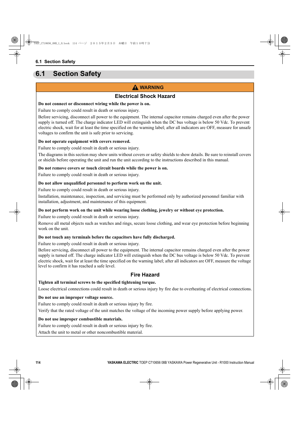 1 section safety, Section safety | Yaskawa R1000 Series Power Regenerative Unit User Manual | Page 114 / 221