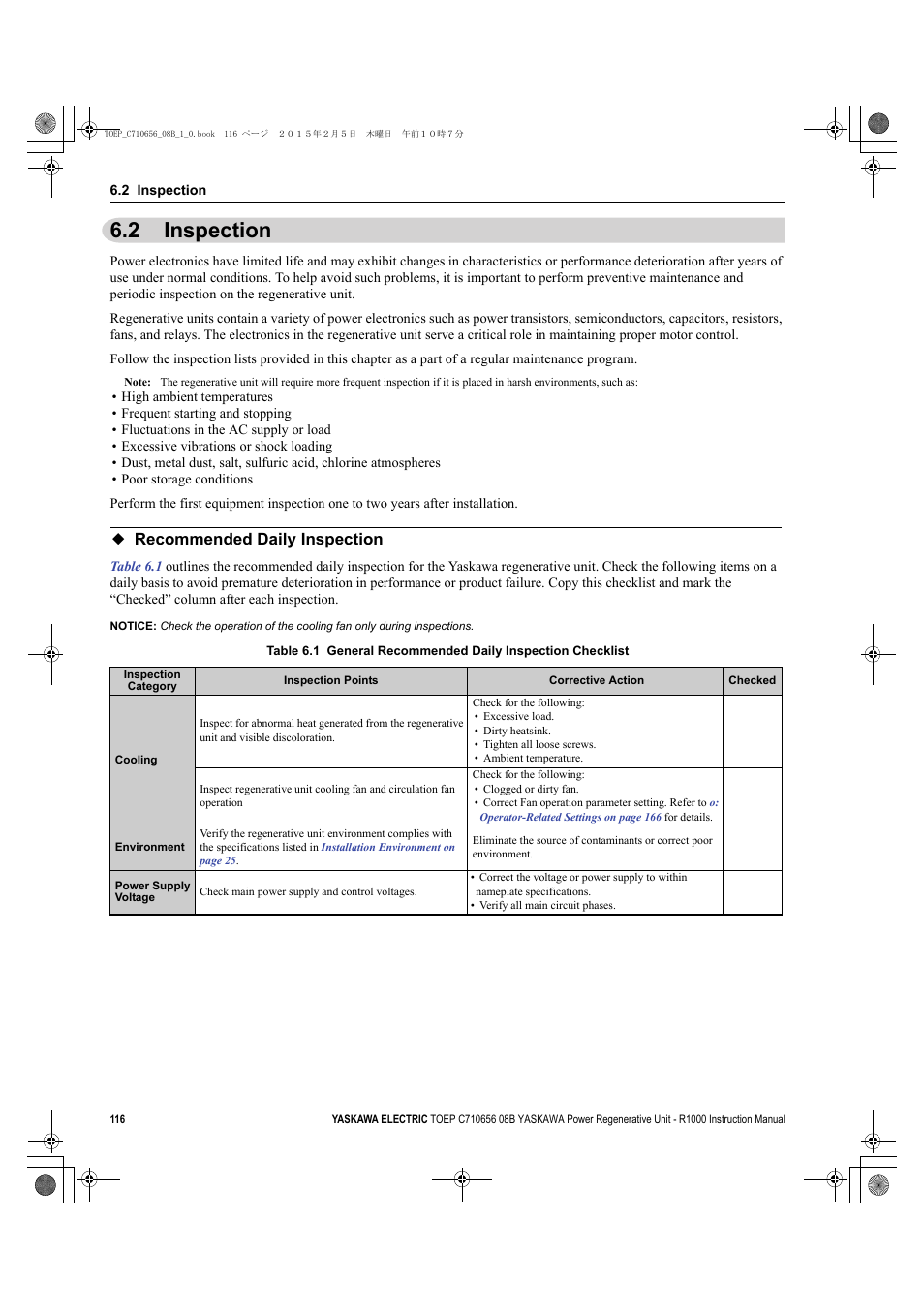 2 inspection, Recommended daily inspection, Inspection | Yaskawa R1000 Series Power Regenerative Unit User Manual | Page 116 / 221