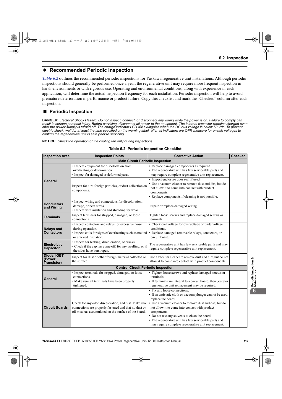 Recommended periodic inspection, Periodic inspection | Yaskawa R1000 Series Power Regenerative Unit User Manual | Page 117 / 221