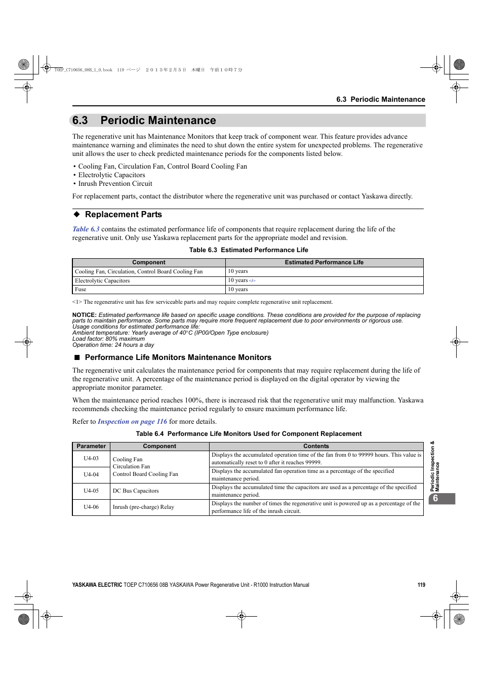 3 periodic maintenance, Replacement parts, Periodic maintenance | Yaskawa R1000 Series Power Regenerative Unit User Manual | Page 119 / 221