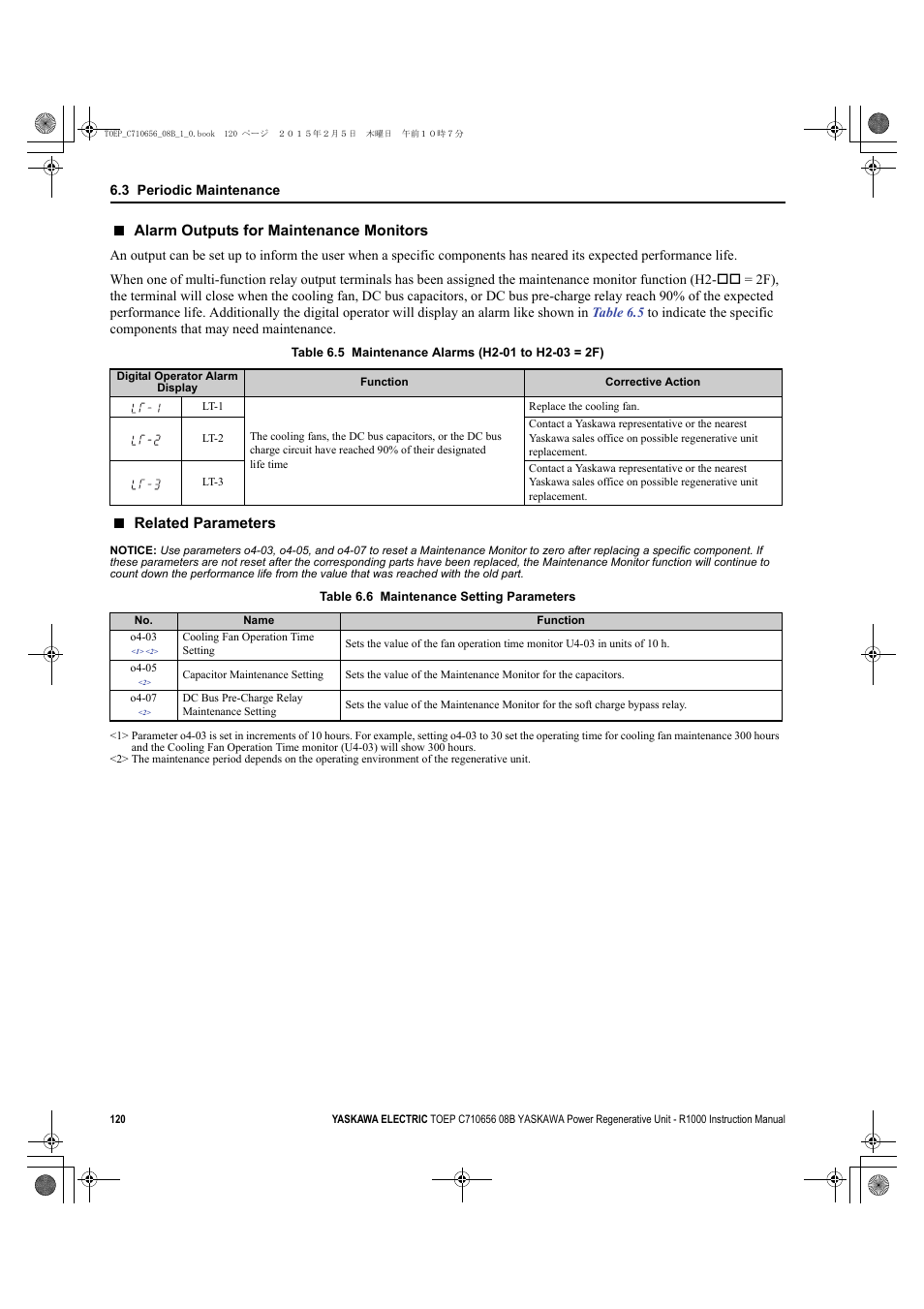 Alarm outputs for maintenance monitors, Related parameters | Yaskawa R1000 Series Power Regenerative Unit User Manual | Page 120 / 221