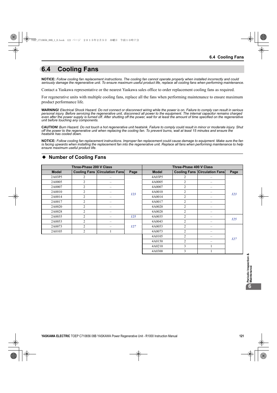 4 cooling fans, Number of cooling fans, Cooling fans | Yaskawa R1000 Series Power Regenerative Unit User Manual | Page 121 / 221