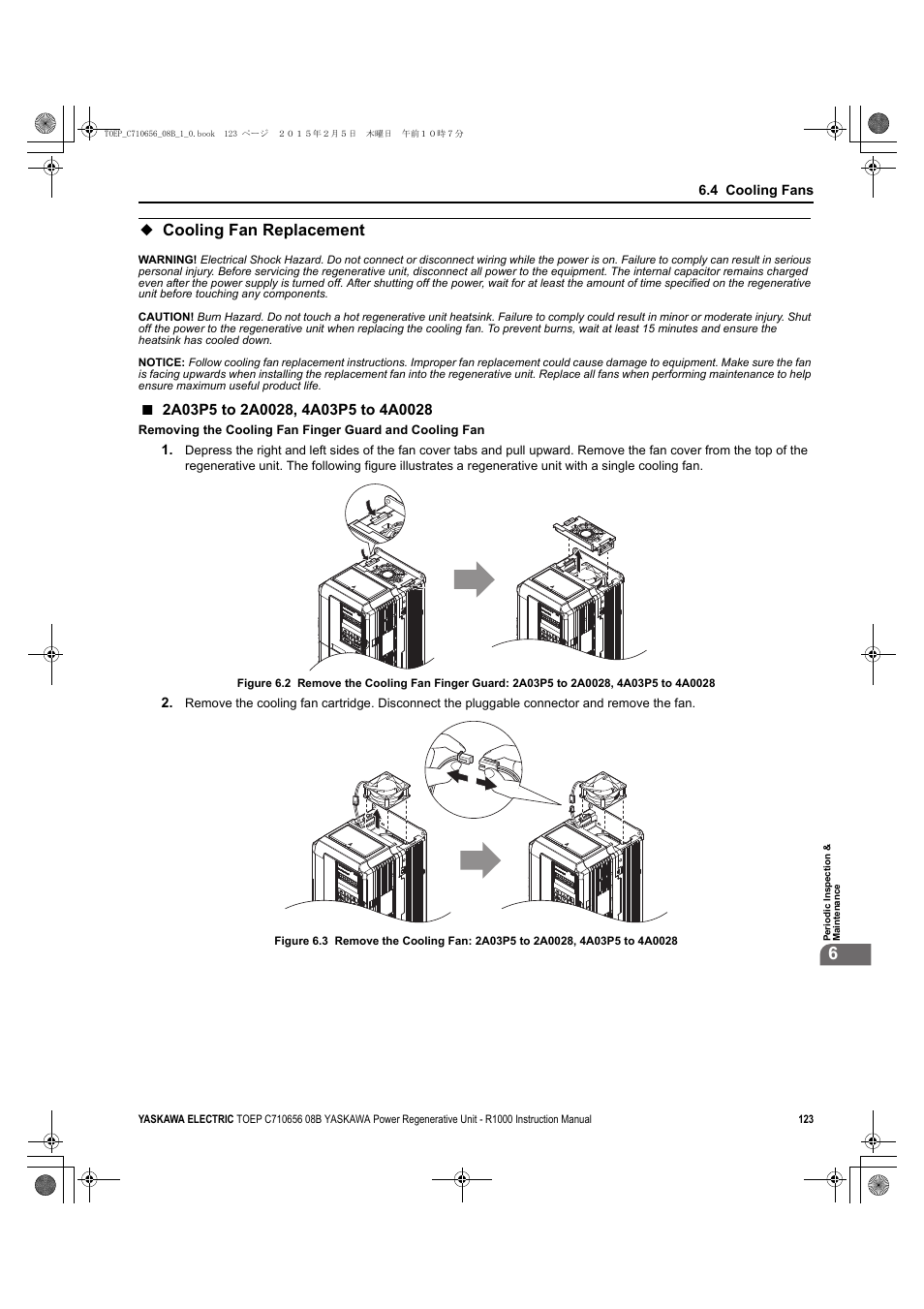 Cooling fan replacement, R1000 | Yaskawa R1000 Series Power Regenerative Unit User Manual | Page 123 / 221