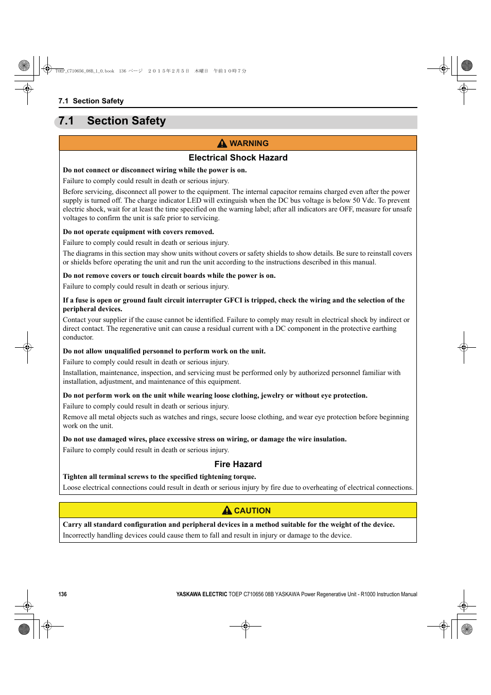 1 section safety, Section safety | Yaskawa R1000 Series Power Regenerative Unit User Manual | Page 136 / 221
