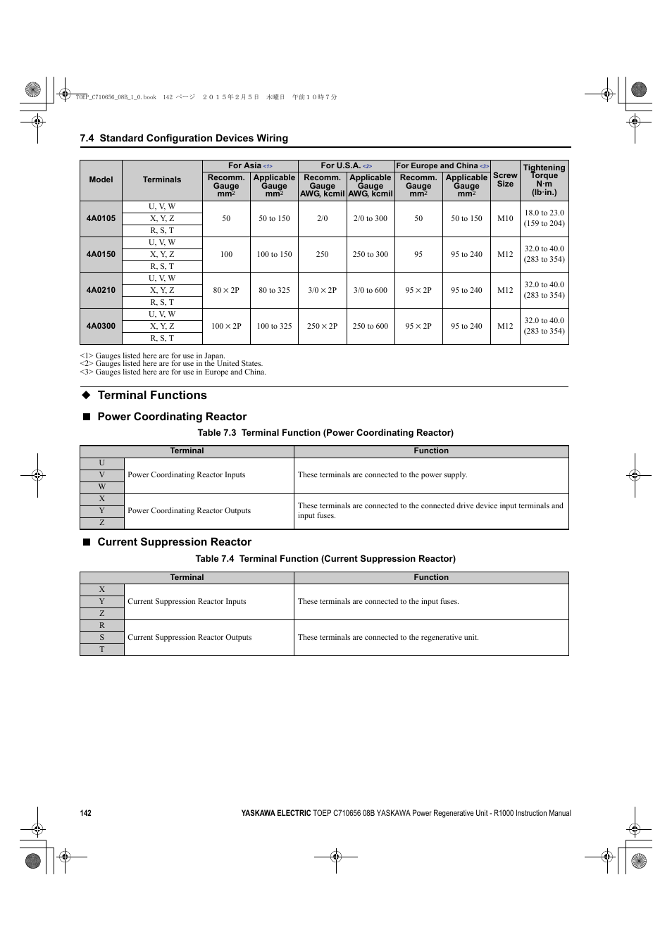 Terminal functions, Power coordinating reactor, Current suppression reactor | Yaskawa R1000 Series Power Regenerative Unit User Manual | Page 142 / 221