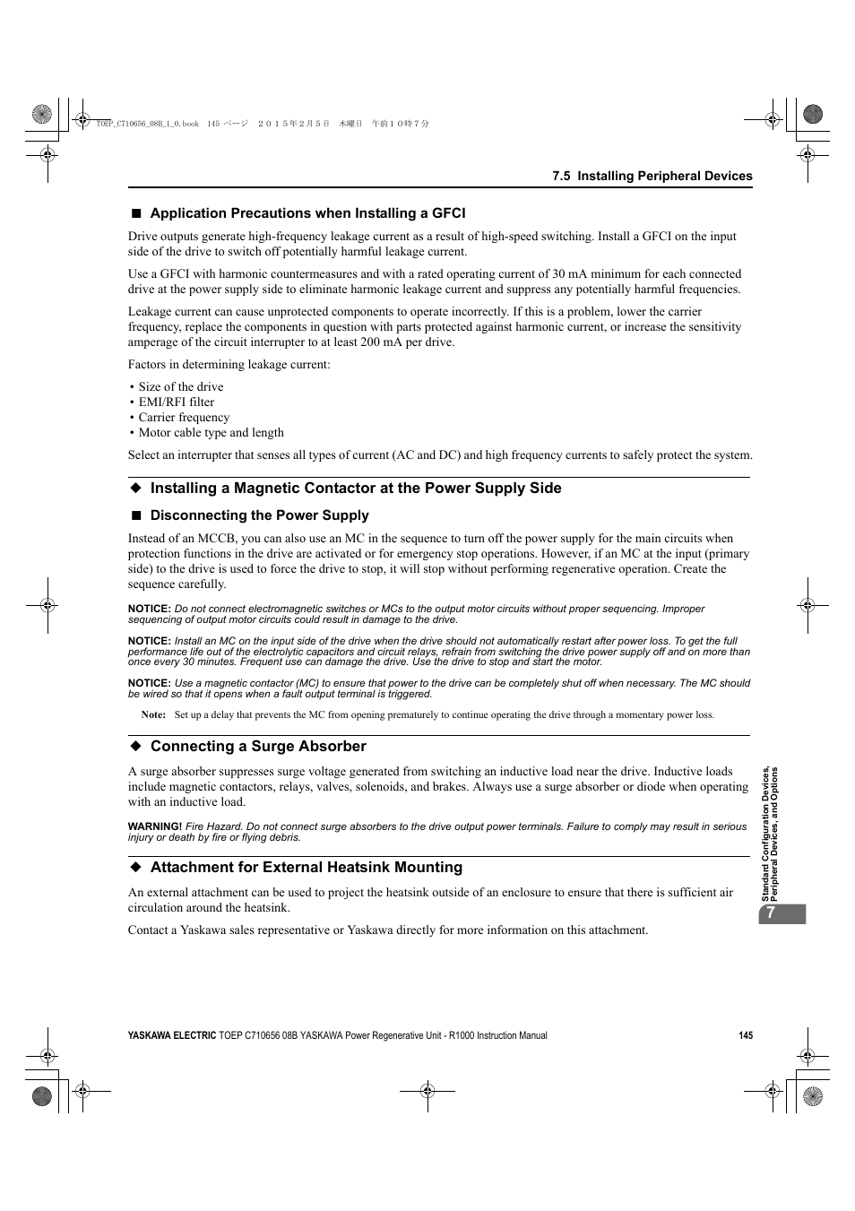 Connecting a surge absorber, Attachment for external heatsink mounting, Application precautions when installing a gfci | Disconnecting the power supply | Yaskawa R1000 Series Power Regenerative Unit User Manual | Page 145 / 221