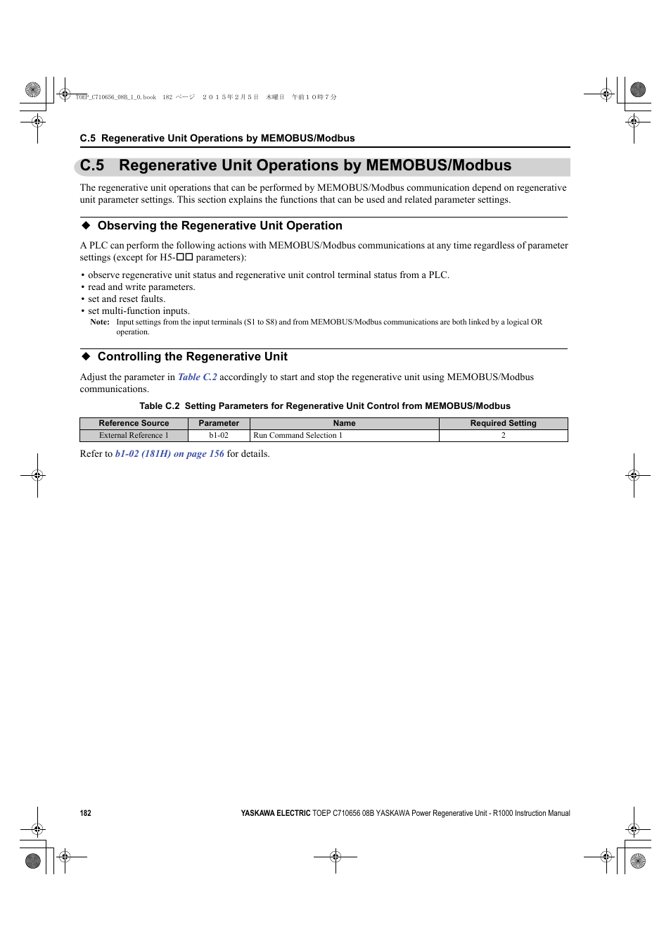 C.5 regenerative unit operations by memobus/modbus, Observing the regenerative unit operation, Controlling the regenerative unit | Yaskawa R1000 Series Power Regenerative Unit User Manual | Page 182 / 221