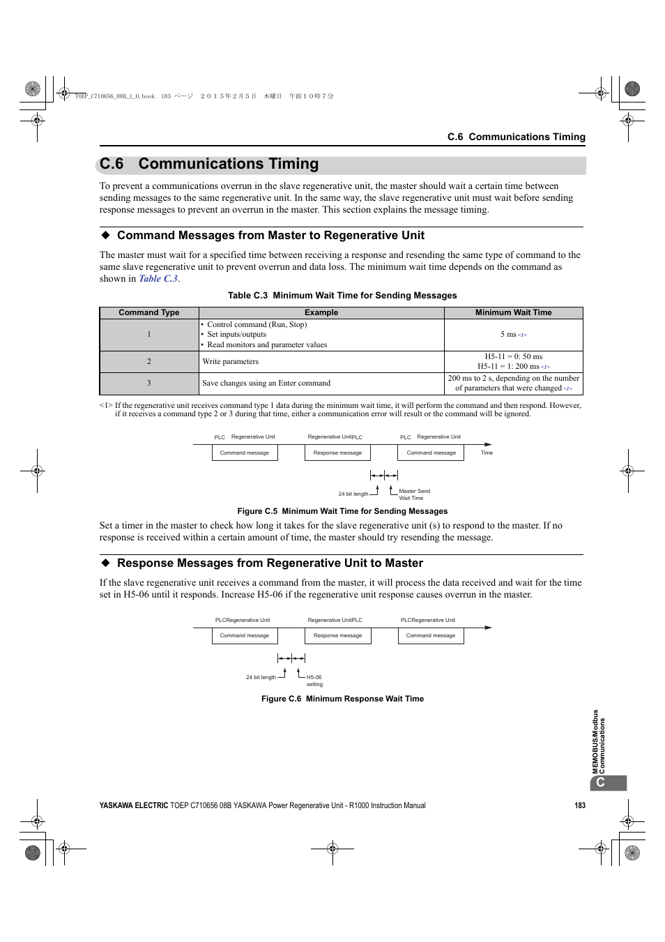 C.6 communications timing, Command messages from master to regenerative unit, Response messages from regenerative unit to master | D1000 | Yaskawa R1000 Series Power Regenerative Unit User Manual | Page 183 / 221