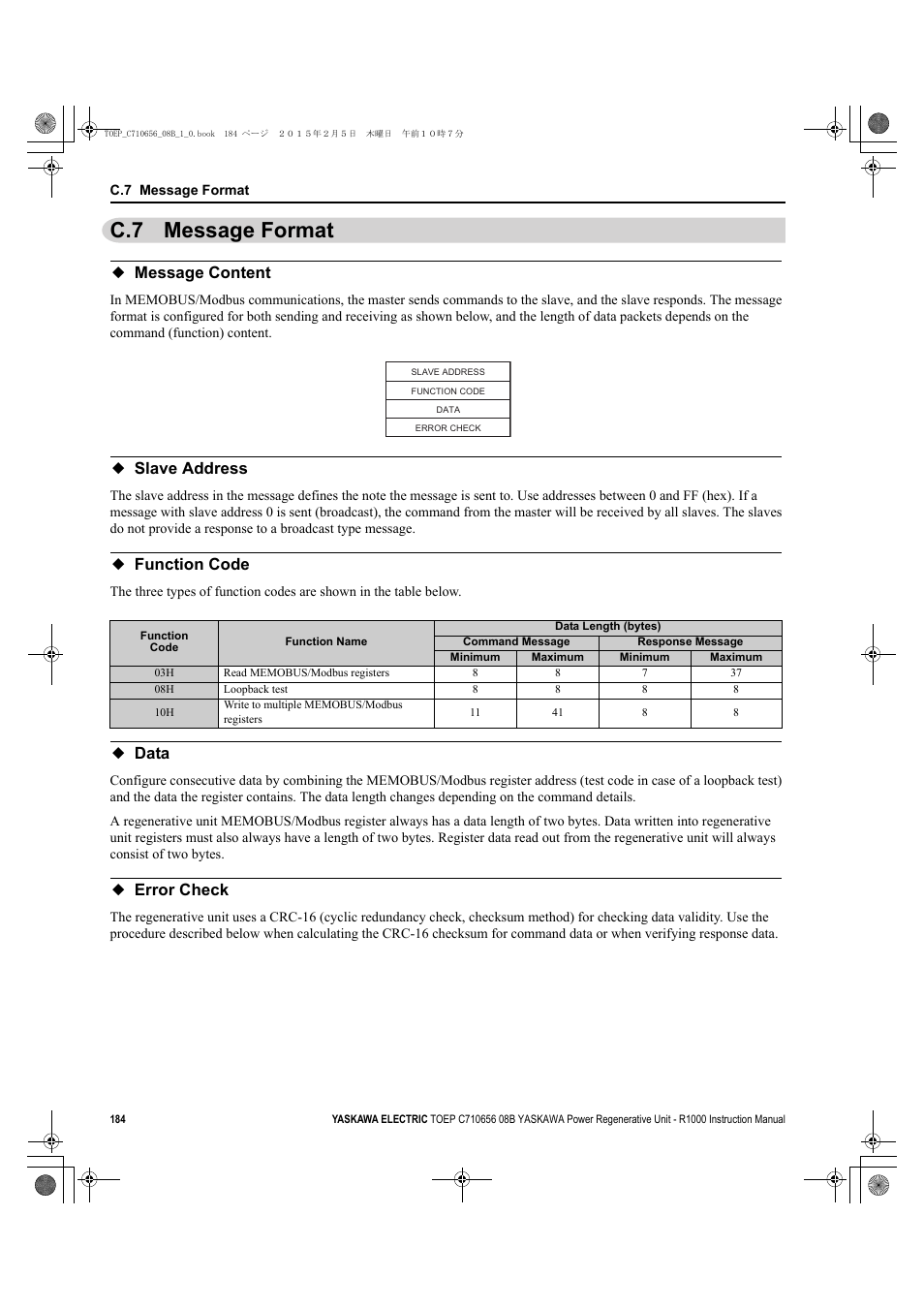 C.7 message format, Message content, Slave address | Function code, Data, Error check | Yaskawa R1000 Series Power Regenerative Unit User Manual | Page 184 / 221