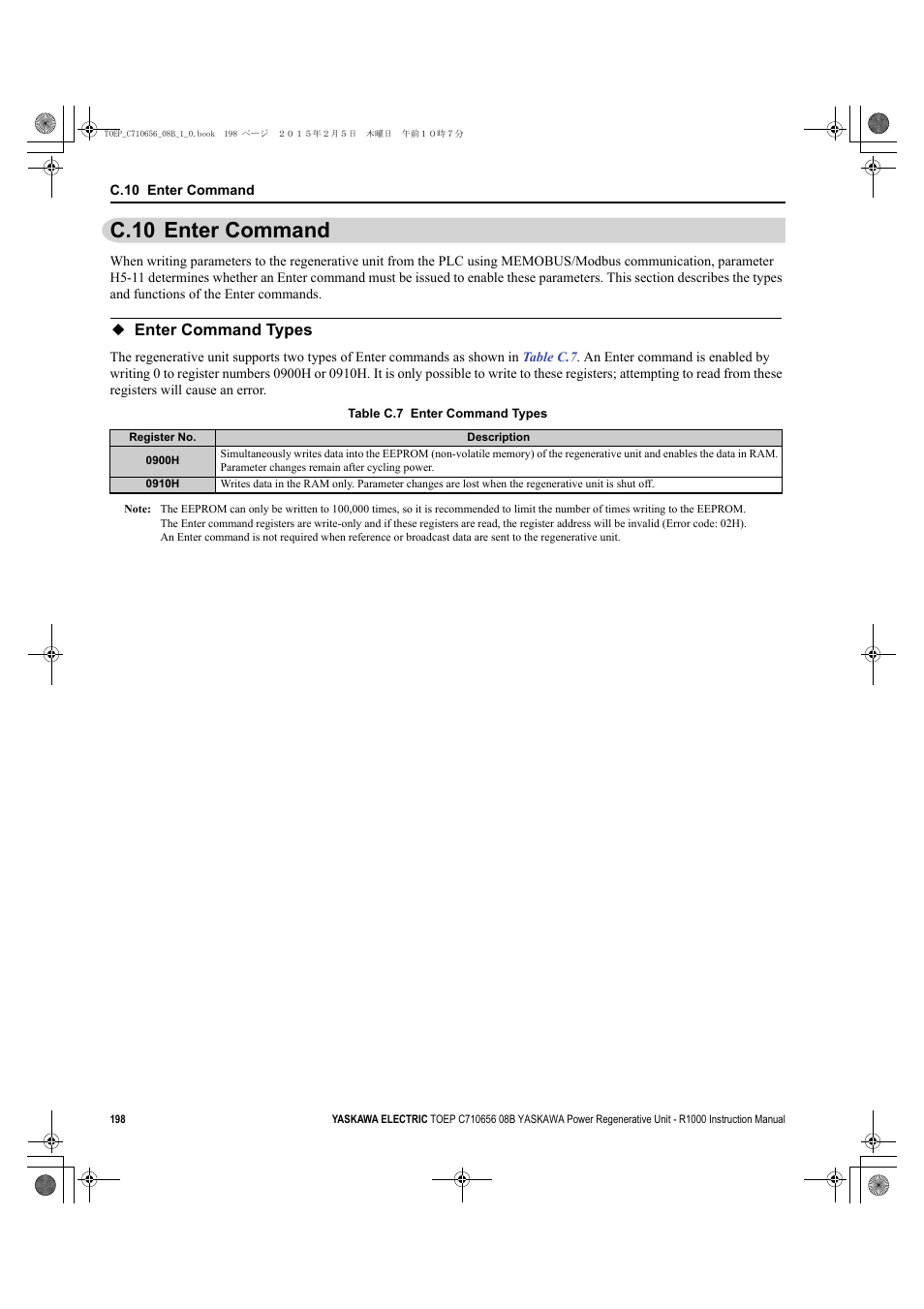 C.10 enter command, Enter command types, Refer to | Yaskawa R1000 Series Power Regenerative Unit User Manual | Page 198 / 221
