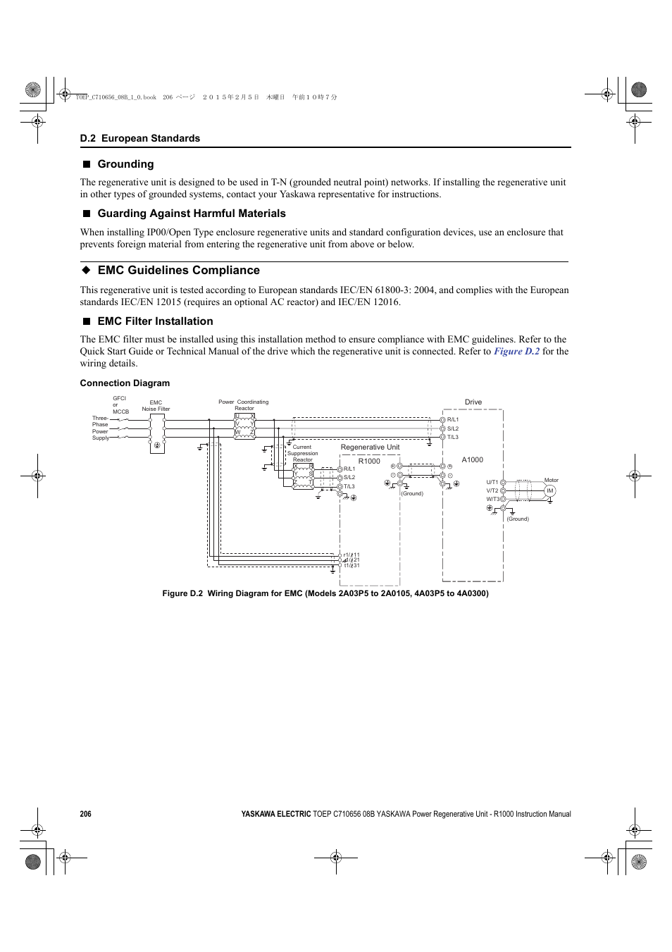 Emc guidelines compliance, Grounding, Guarding against harmful materials | Emc filter installation, D.2 european standards, Connection diagram | Yaskawa R1000 Series Power Regenerative Unit User Manual | Page 206 / 221